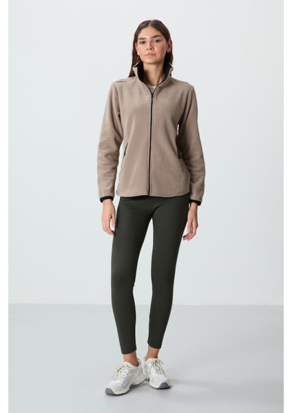 Koyu Bej Dik Yaka Fermuarlı Rahat Form Kadın Polar Sweatshirt - 97173 fırsatları