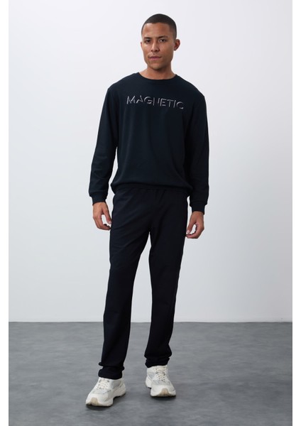 Lacivert Yazı Nakışlı O Yaka Rahat Form İçi Polarlı Erkek Sweatshirt - 88020 modelleri