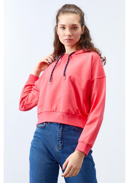 Fuşya Uzun Kol Rahat Form Kapüşonlu Kadın Sweatshirt - 97115