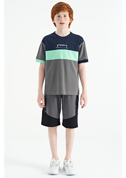 Koyu Gri Renk Geçişli Nakışlı Oversize Erkek Çocuk T-Shirt - 11159 fiyatları