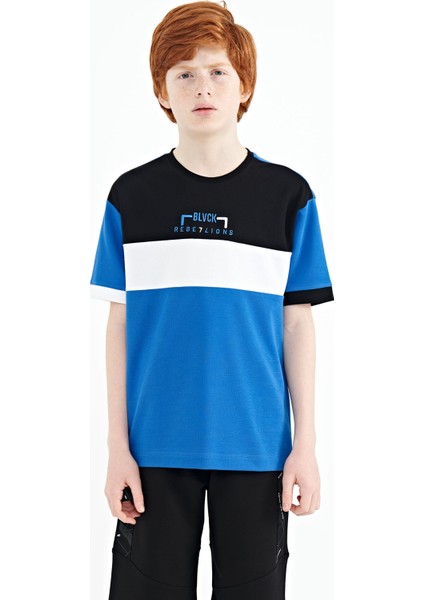 Saks Renk Geçişli Nakışlı Oversize Erkek Çocuk T-Shirt - 11159