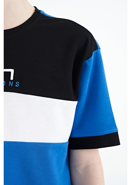 Saks Renk Geçişli Nakışlı Oversize Erkek Çocuk T-Shirt - 11159 modelleri