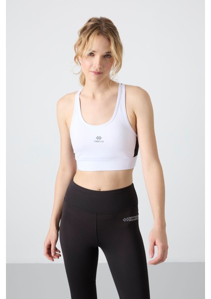 Beyaz Çapraz Sırt Detaylı Slim Fit U Yaka Pedli Kadın Spor Büstiyer - 97121