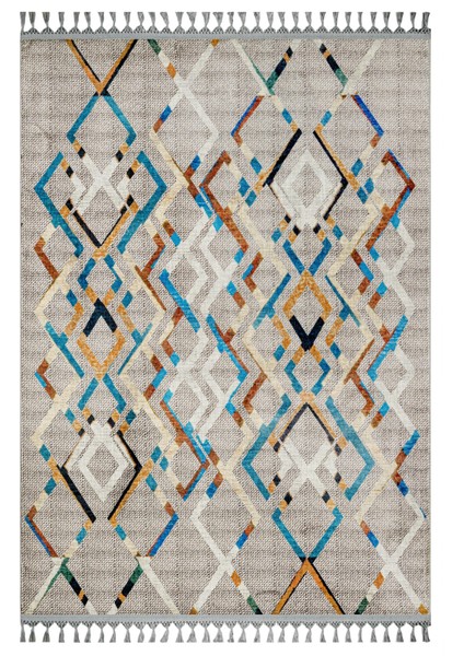 Prabodh Gri Geometrik Etnik Modern Desenli Bambu Makinada Yıkanabilir Hav Toz Vermez Leke Tutmayan Kaymaz Taban Dijital Makine Baskı Salon Yolluk Mutfak Halı