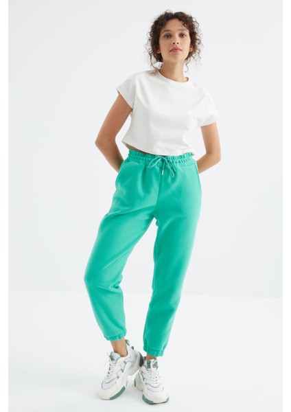 Deniz Yeşili Yüksek Bel Basic Bağcıklı Jogger Polar Kadın Eşofman Alt - 94622 modelleri