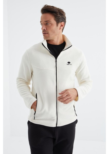 Ekru Fermuarlı Dik Yaka Standart Kalıp Erkek Polar Sweatshirt - 88134