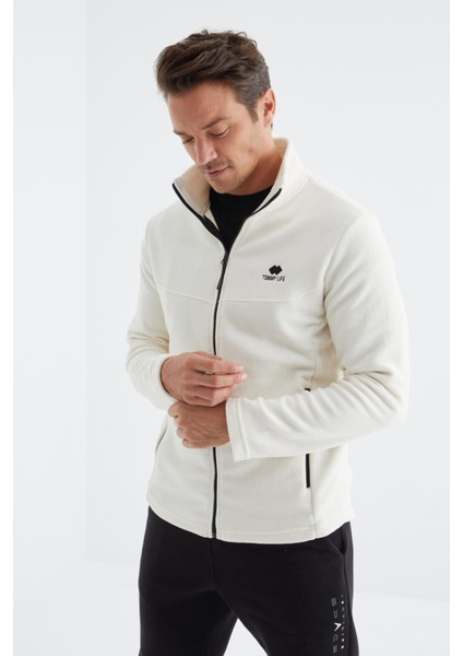 Ekru Fermuarlı Dik Yaka Standart Kalıp Erkek Polar Sweatshirt - 88134 modelleri