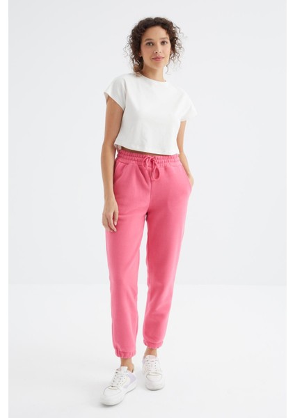 Şeker Pembe Yüksek Bel Basic Bağcıklı Jogger Polar Kadın Eşofman Alt - 94622 modelleri