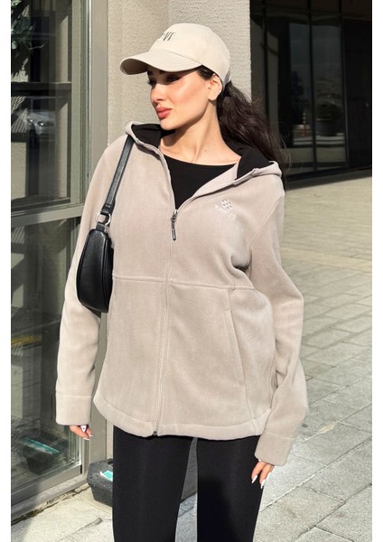 Koyu Bej Kapüşonlu Fermuarlı Rahat Form Kadın Polar Sweatshirt - 97233