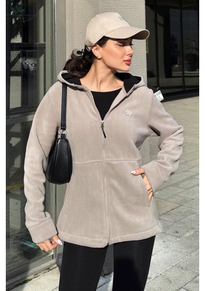 Koyu Bej Kapüşonlu Fermuarlı Rahat Form Kadın Polar Sweatshirt - 97233 indirimleri