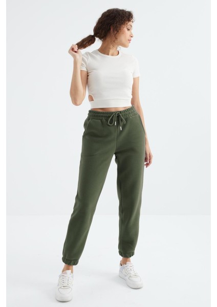 Çağla Yüksek Bel Basic Bağcıklı Jogger Polar Kadın Eşofman Alt - 94622
