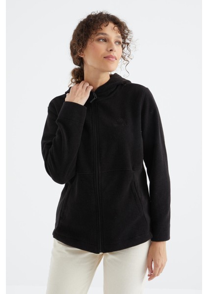 Siyah Kapüşonlu Fermuarlı Rahat Form Kadın Polar Sweatshirt - 97233 modelleri