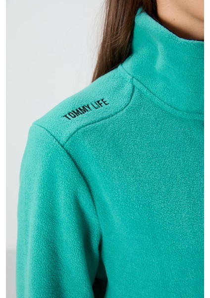 Deniz Yeşili Dik Yaka Fermuarlı Rahat Form Kadın Polar Sweatshirt - 97173 fırsatları