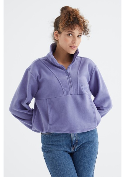 Açık Eflatun Yarım Fermuar Etek Ucu Büzgülü Kadın Polar Oversize Sweatshirt - 97171