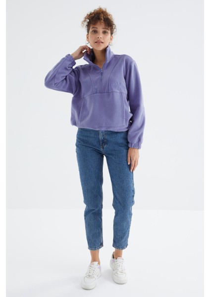 Açık Eflatun Yarım Fermuar Etek Ucu Büzgülü Kadın Polar Oversize Sweatshirt - 97171 fiyatları