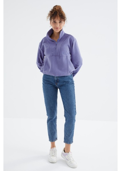 Açık Eflatun Yarım Fermuar Etek Ucu Büzgülü Kadın Polar Oversize Sweatshirt - 97171 fırsatları