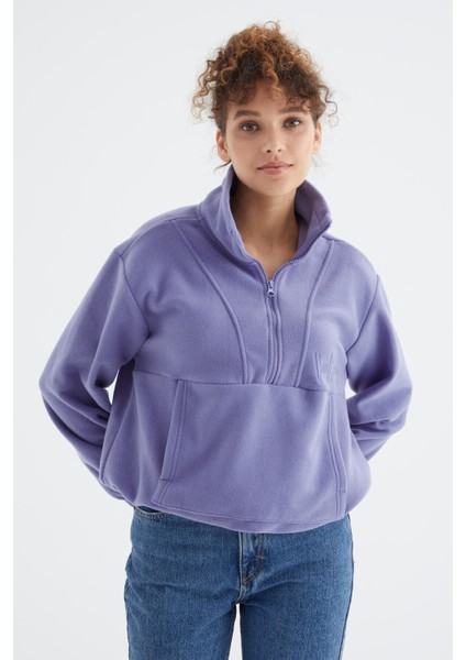 Açık Eflatun Yarım Fermuar Etek Ucu Büzgülü Kadın Polar Oversize Sweatshirt - 97171 indirimleri