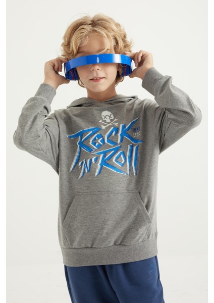 Gri Melanj Yazı Baskılı Kanguru Cepli Kapüşonlu Standart Kalıp Erkek Çocuk Sweatshirt - 11002 fırsatları