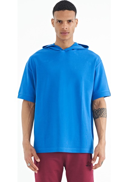 Saks Kapüşonlu Kol Etiket Detaylı Oversize Erkek T-shirt - 88179