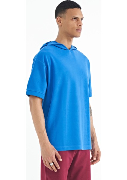 Saks Kapüşonlu Kol Etiket Detaylı Oversize Erkek T-shirt - 88179 fırsatları