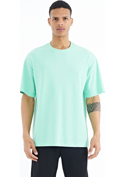 Su Yeşili Kol Arma Detaylı Basic Oversize Erkek T-Shirt - 88193