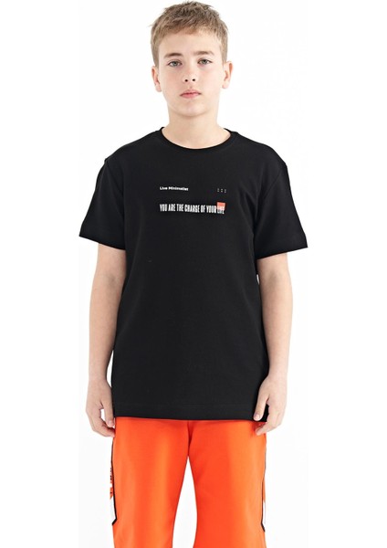 Siyah Baskı Detaylı O Yaka Standart Kalıp Erkek Çocuk T-Shirt - 11117