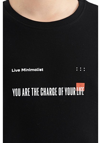 Siyah Baskı Detaylı O Yaka Standart Kalıp Erkek Çocuk T-Shirt - 11117 modelleri