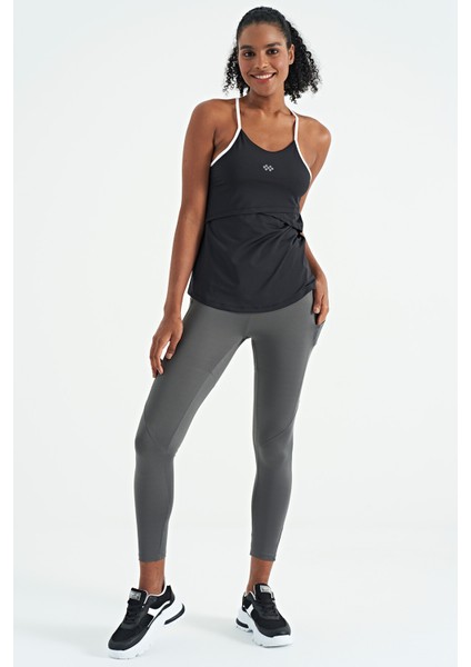 Siyah Sırt Çarpraz Askı Detaylı Standart Kalıp Kadın Spor Atlet - 97261