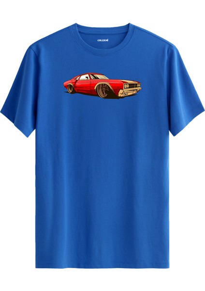 Klasik Araba Baskılı Retro Tarz %100 Pamuk Rahat Tişört