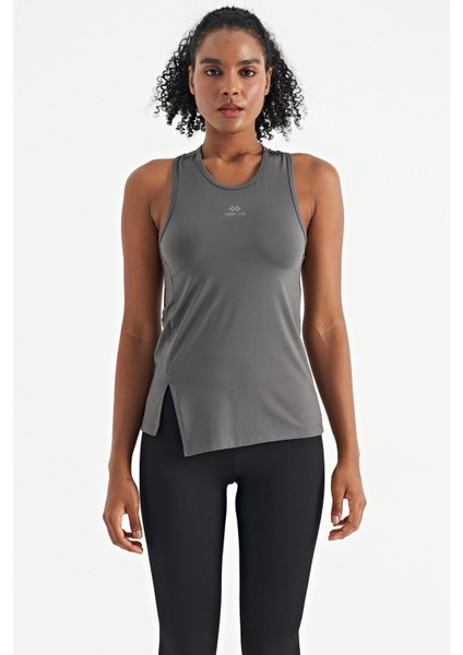 Koyu Gri Yırtmaç Detaylı O Yaka Sıfır Kollu Standart Kalıp Kadın Spor Atlet - 97256 fiyatları