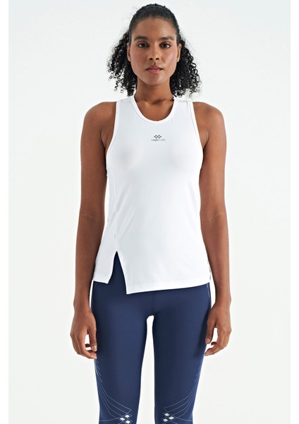 Beyaz Yırtmaç Detaylı O Yaka Sıfır Kollu Standart Kalıp Kadın Spor Atlet - 97256 fiyatları