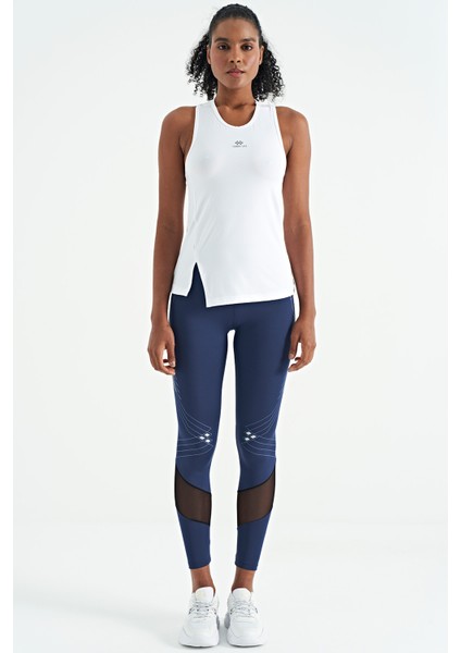 Beyaz Yırtmaç Detaylı O Yaka Sıfır Kollu Standart Kalıp Kadın Spor Atlet - 97256 modelleri