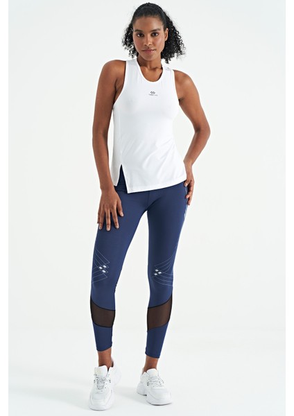 Beyaz Yırtmaç Detaylı O Yaka Sıfır Kollu Standart Kalıp Kadın Spor Atlet - 97256 indirimleri