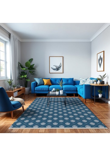 Geometrik Mavi Pamuk Dikdörtgen Modern Desenli Pamuk Makinada Yıkanabilir Hav Toz Vermez Leke Tutmayan Kaymaz Taban Dijital Makine Baskı Salon Yolluk Mutfak Halı fırsatları