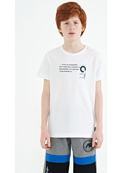 Beyaz Baskı Detaylı O Yaka Standart Kalıp Erkek Çocuk T-Shirt - 11145