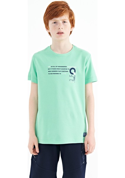Su Yeşili Baskı Detaylı O Yaka Standart Kalıp Erkek Çocuk T-Shirt - 11145