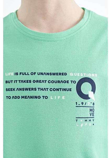 Su Yeşili Baskı Detaylı O Yaka Standart Kalıp Erkek Çocuk T-Shirt - 11145 modelleri