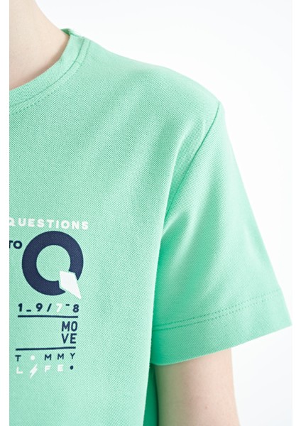 Su Yeşili Baskı Detaylı O Yaka Standart Kalıp Erkek Çocuk T-Shirt - 11145 indirimleri