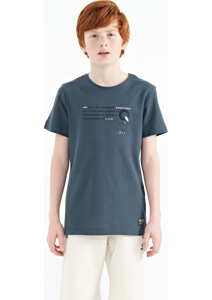 Orman Yeşili Baskı Detaylı O Yaka Standart Kalıp Erkek Çocuk T-Shirt - 11145