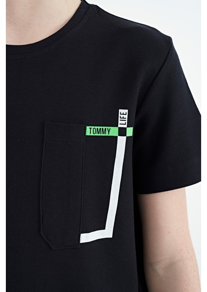 Lacivert Cep Detaylı O Yaka Standart Kalıp Erkek Çocuk T-Shirt - 11120 modelleri