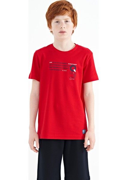 Kırmızı Baskı Detaylı O Yaka Standart Kalıp Erkek Çocuk T-Shirt - 11145