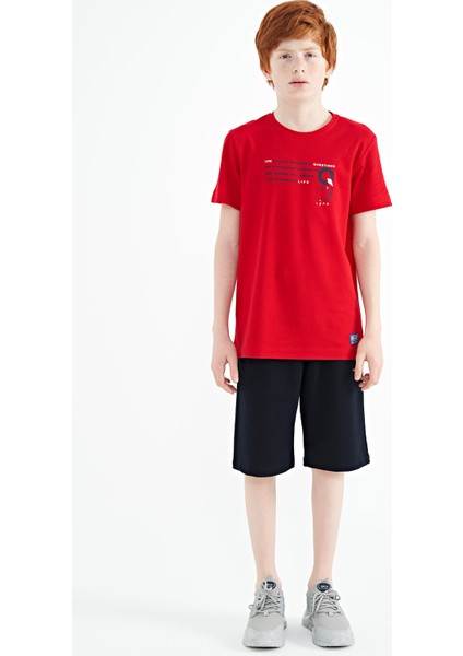 Kırmızı Baskı Detaylı O Yaka Standart Kalıp Erkek Çocuk T-Shirt - 11145 fiyatları