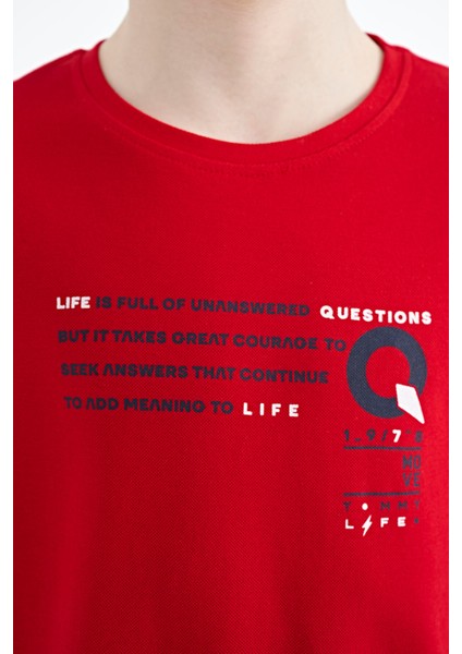Kırmızı Baskı Detaylı O Yaka Standart Kalıp Erkek Çocuk T-Shirt - 11145 modelleri