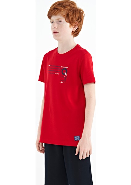 Kırmızı Baskı Detaylı O Yaka Standart Kalıp Erkek Çocuk T-Shirt - 11145 fırsatları