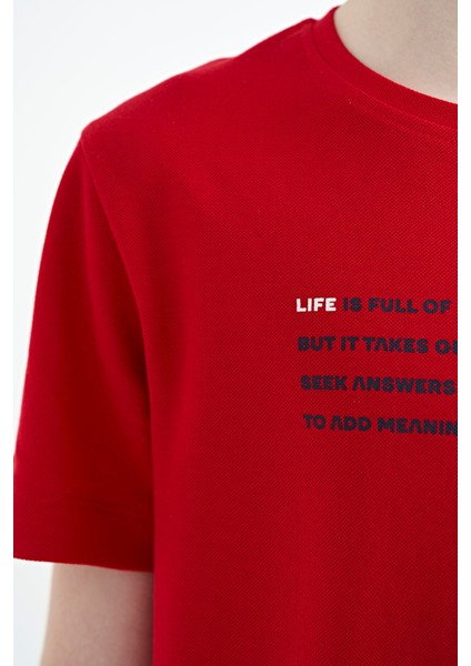Kırmızı Baskı Detaylı O Yaka Standart Kalıp Erkek Çocuk T-Shirt - 11145 indirimleri