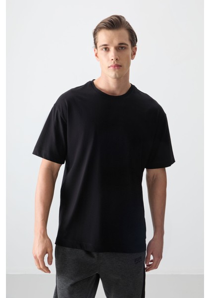 Siyah %100 Pamuk Kalın Yumuşak Dokulu Oversize Fit Basic Erkek T-Shirt - 88353
