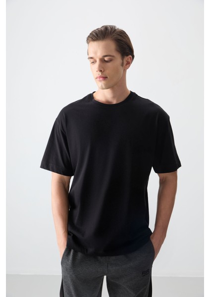 Siyah %100 Pamuk Kalın Yumuşak Dokulu Oversize Fit Basic Erkek T-Shirt - 88353 modelleri