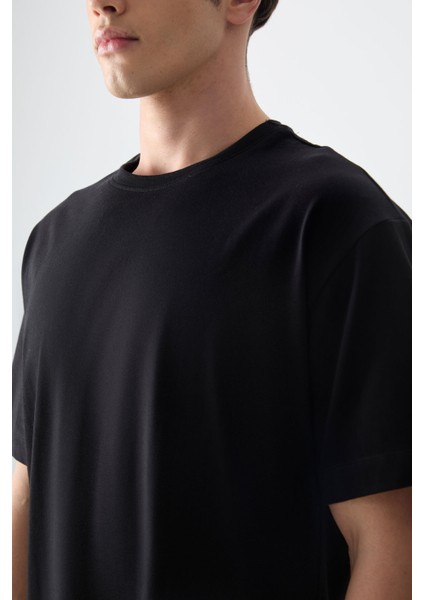 Siyah %100 Pamuk Kalın Yumuşak Dokulu Oversize Fit Basic Erkek T-Shirt - 88353 fırsatları