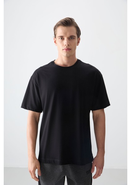Siyah %100 Pamuk Kalın Yumuşak Dokulu Oversize Fit Basic Erkek T-Shirt - 88353 indirimleri