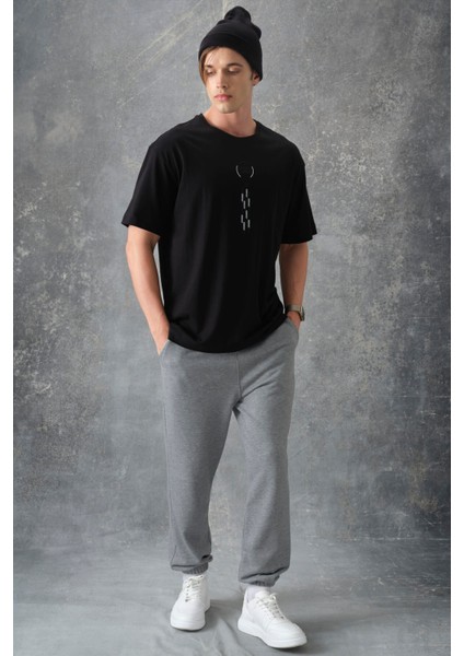 Siyah %100 Pamuk Kalın Yumuşak Dokulu Oversize Fit Baskılı Erkek T-Shirt - 88355 modelleri